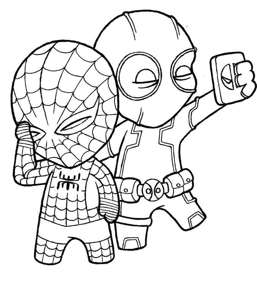 Chibi Deadpool e Homem-Aranha para colorir