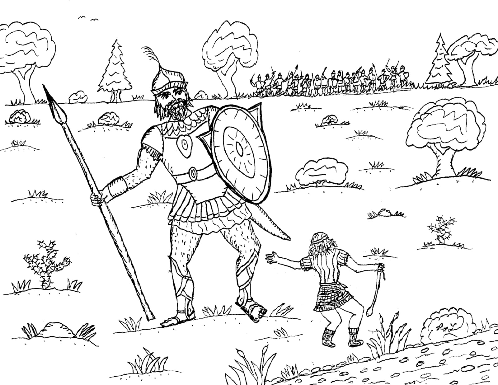 Desenhos de Contorno da imagem de Davi e Golias para colorir