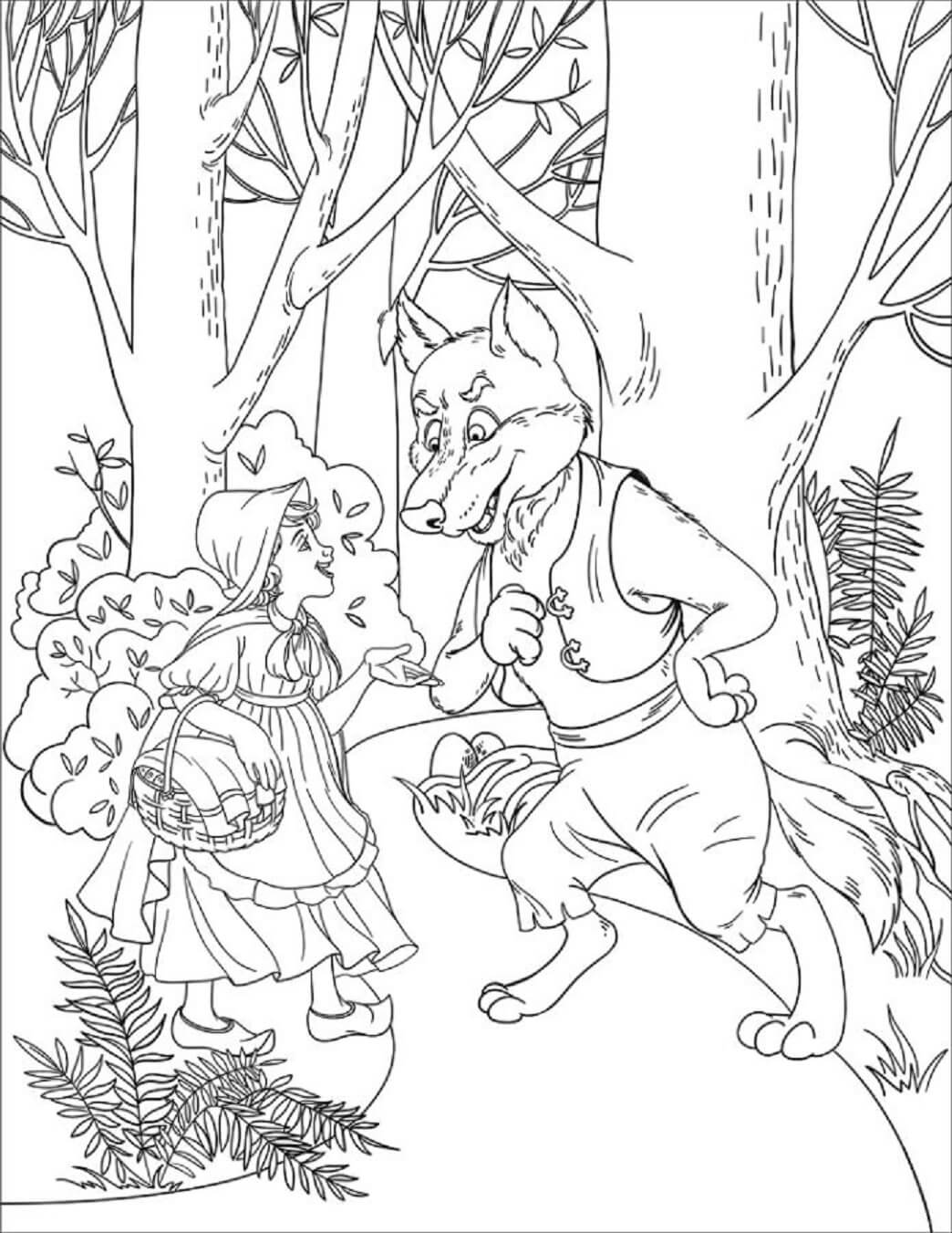 Desenhos de Chapeuzinho Vermelho e Lobo na Selva para colorir