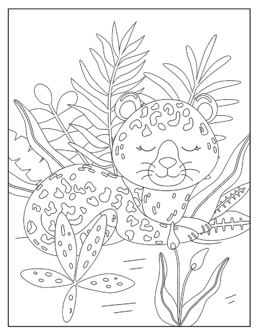 Jaguar Com Folhas E Flores para colorir