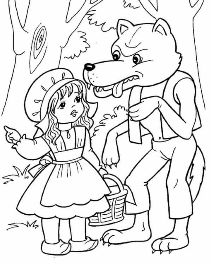 Desenhos de Lobo e Chapeuzinho Vermelho Conversando para colorir