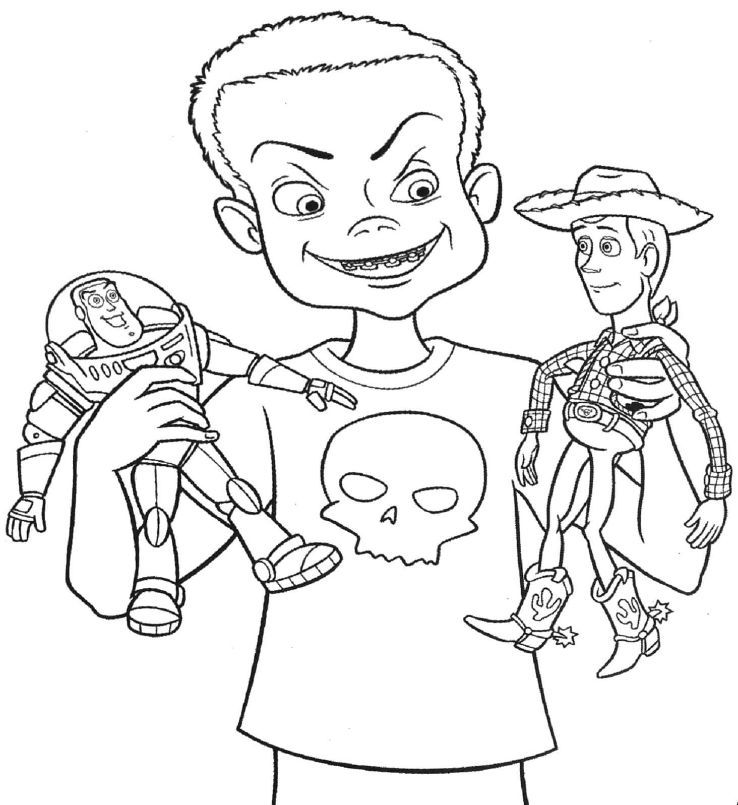 Desenhos de Sid Segurando Woody E Buzz Lightyear para colorir