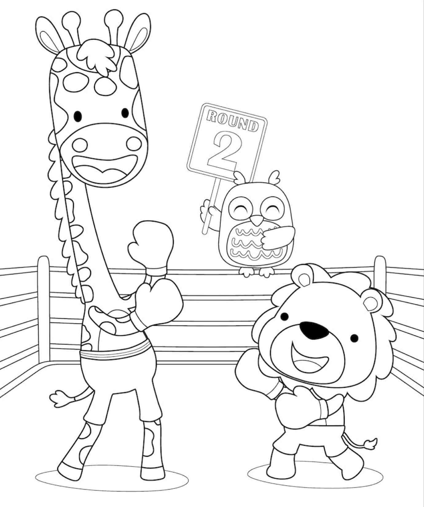Desenhos de Girafa E Leão Lutando No Boxe para colorir