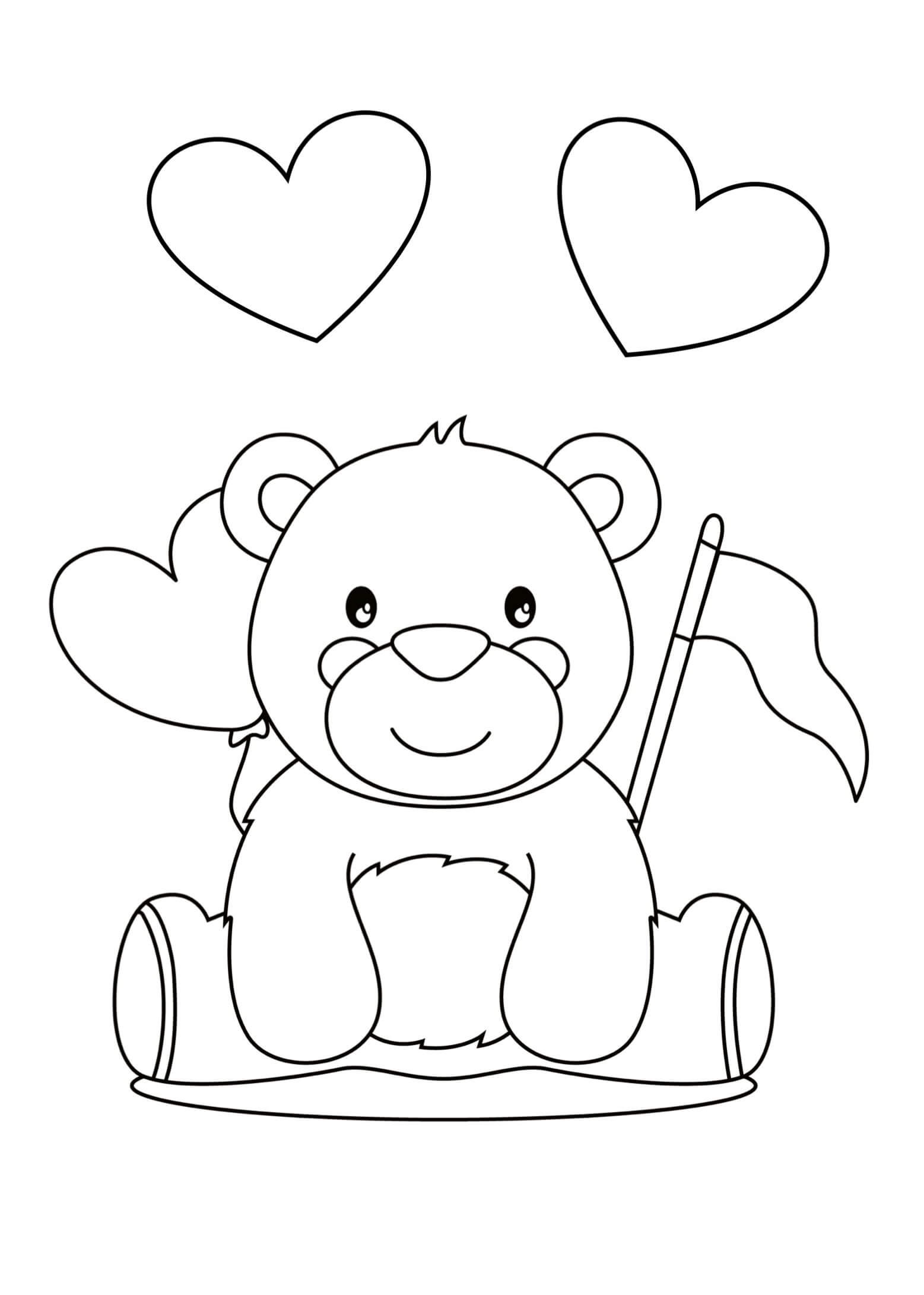 Desenhos de Urso De Pelúcia Com Corações E Bandeira para colorir