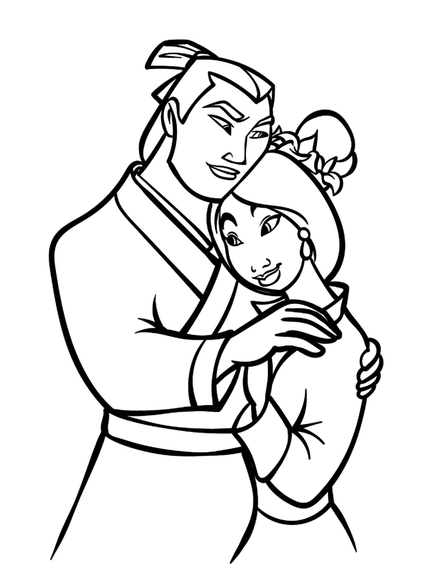 Desenhos de Mulan Abraçando Li Shang para colorir