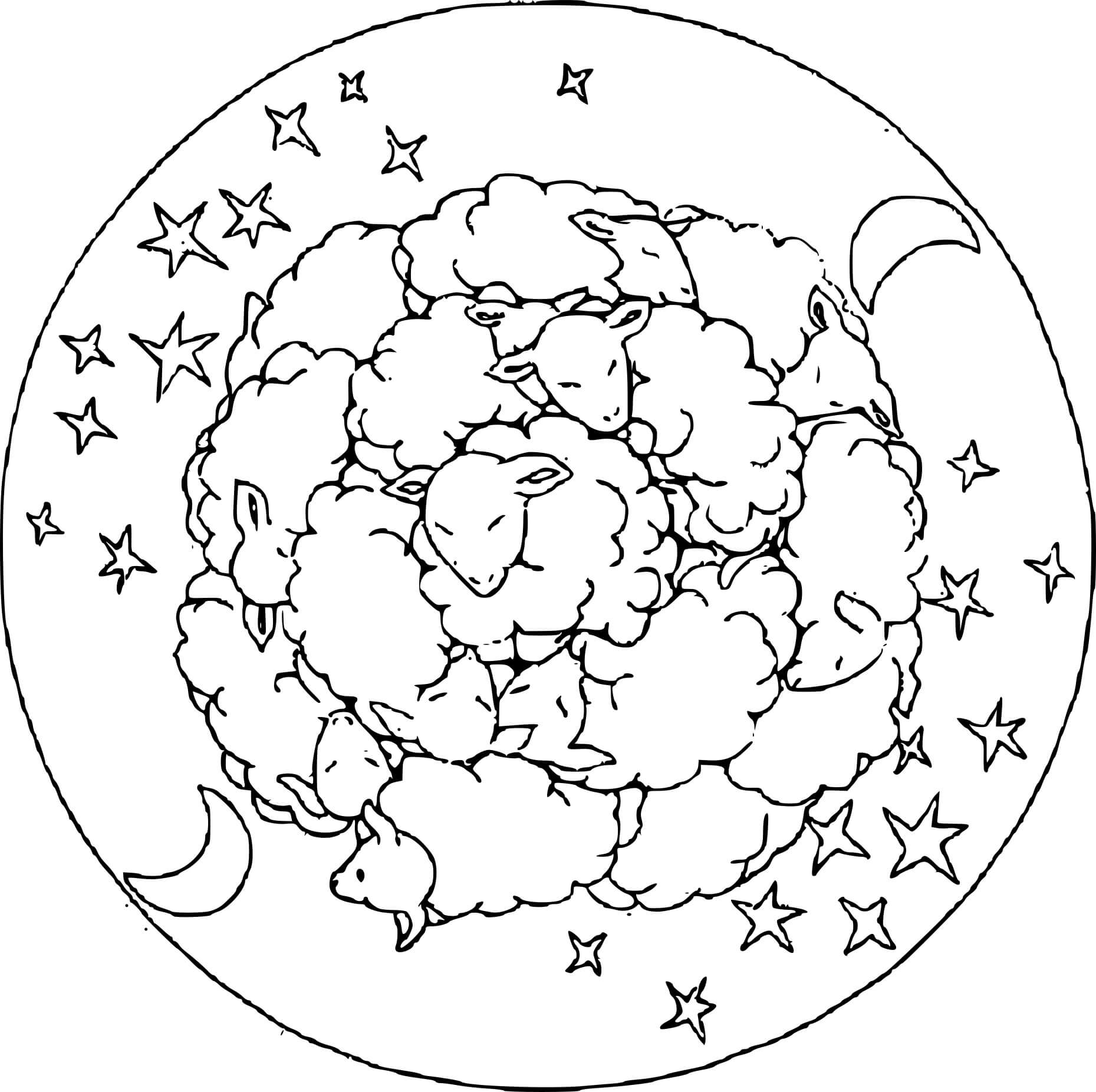 Mandala De Ovelha Com Lua E Estrelas para colorir