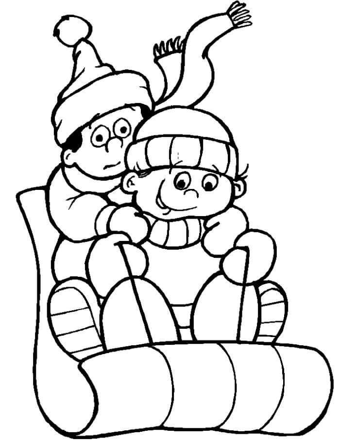 Desenhos de Duas Crianças Andando De Trenó No Inverno para colorir