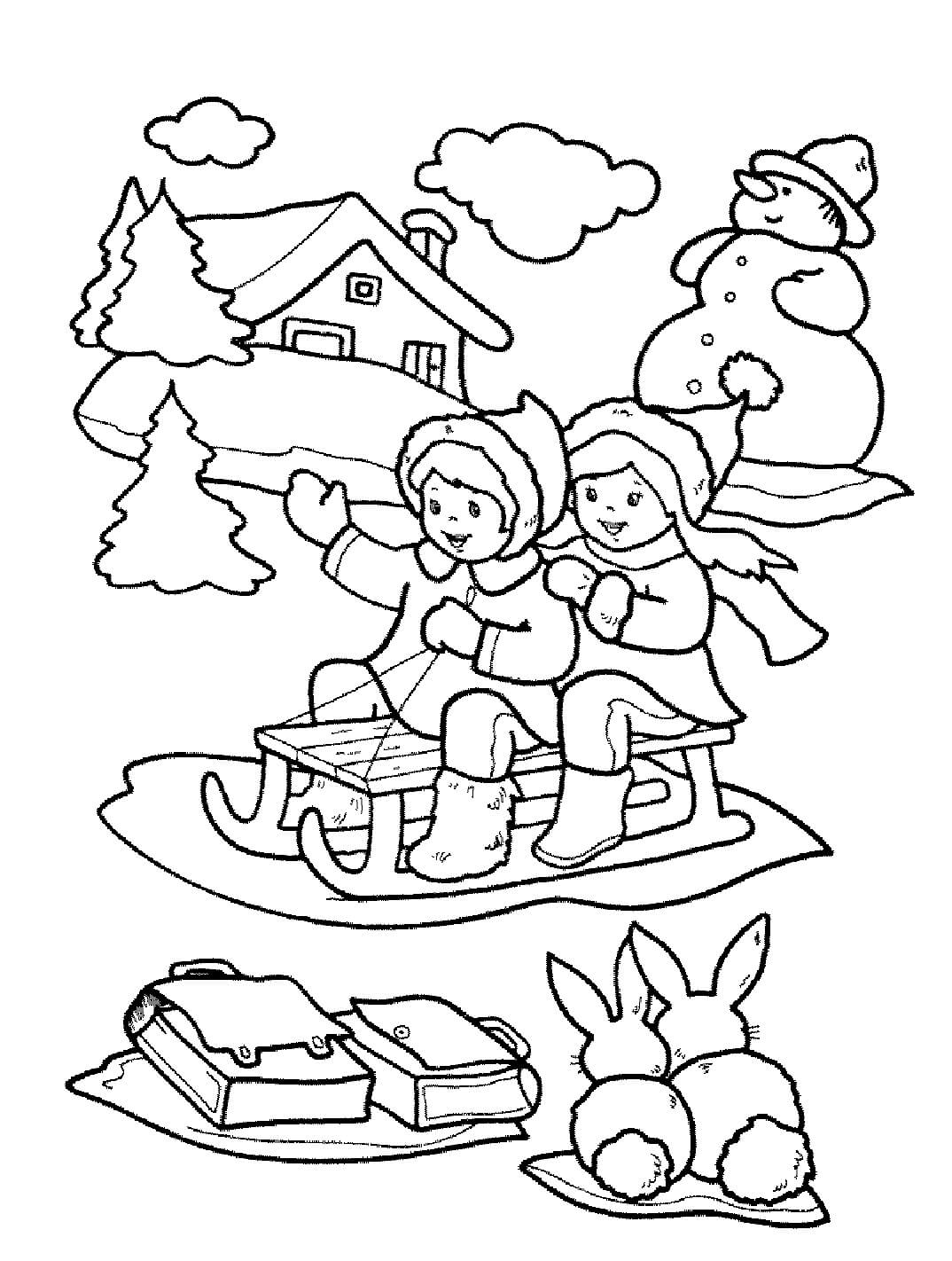 Duas Crianças Em Um Trenó Com Coelhos E Um Boneco De Neve para colorir