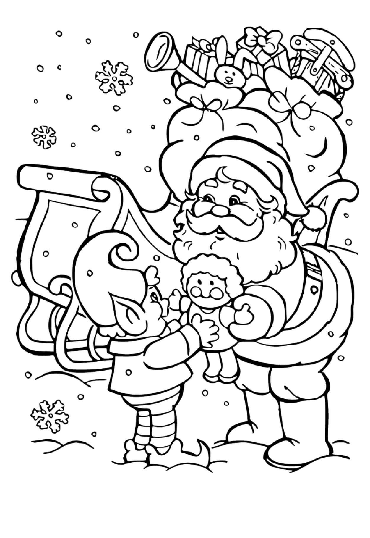 Desenhos de Papai Noel Com Elfo Com Trenó para colorir