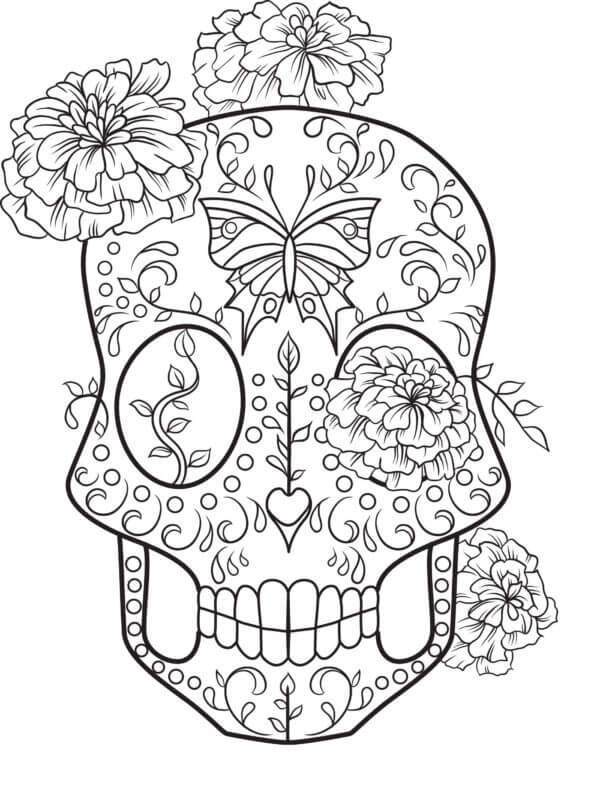 Desenhos de Crânio De Açúcar Com Flores E Folhas para colorir