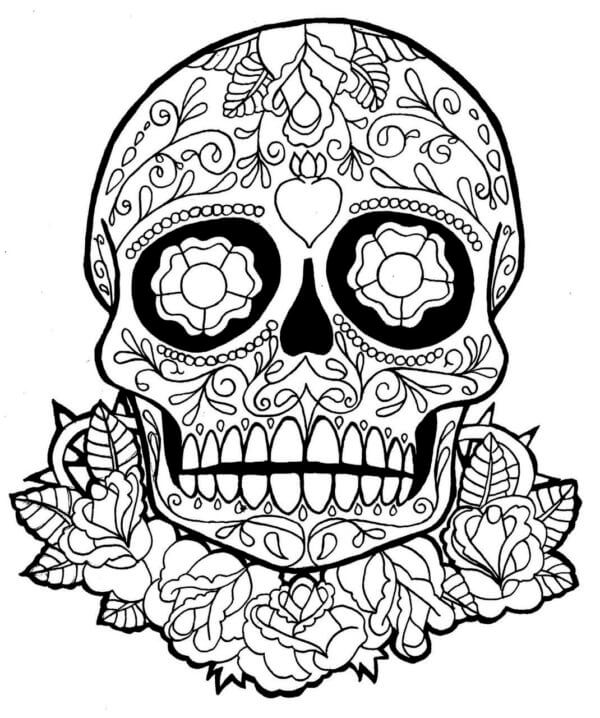 Desenhos de Crânio De Açúcar Mexicano Com Flores E Folhas para colorir