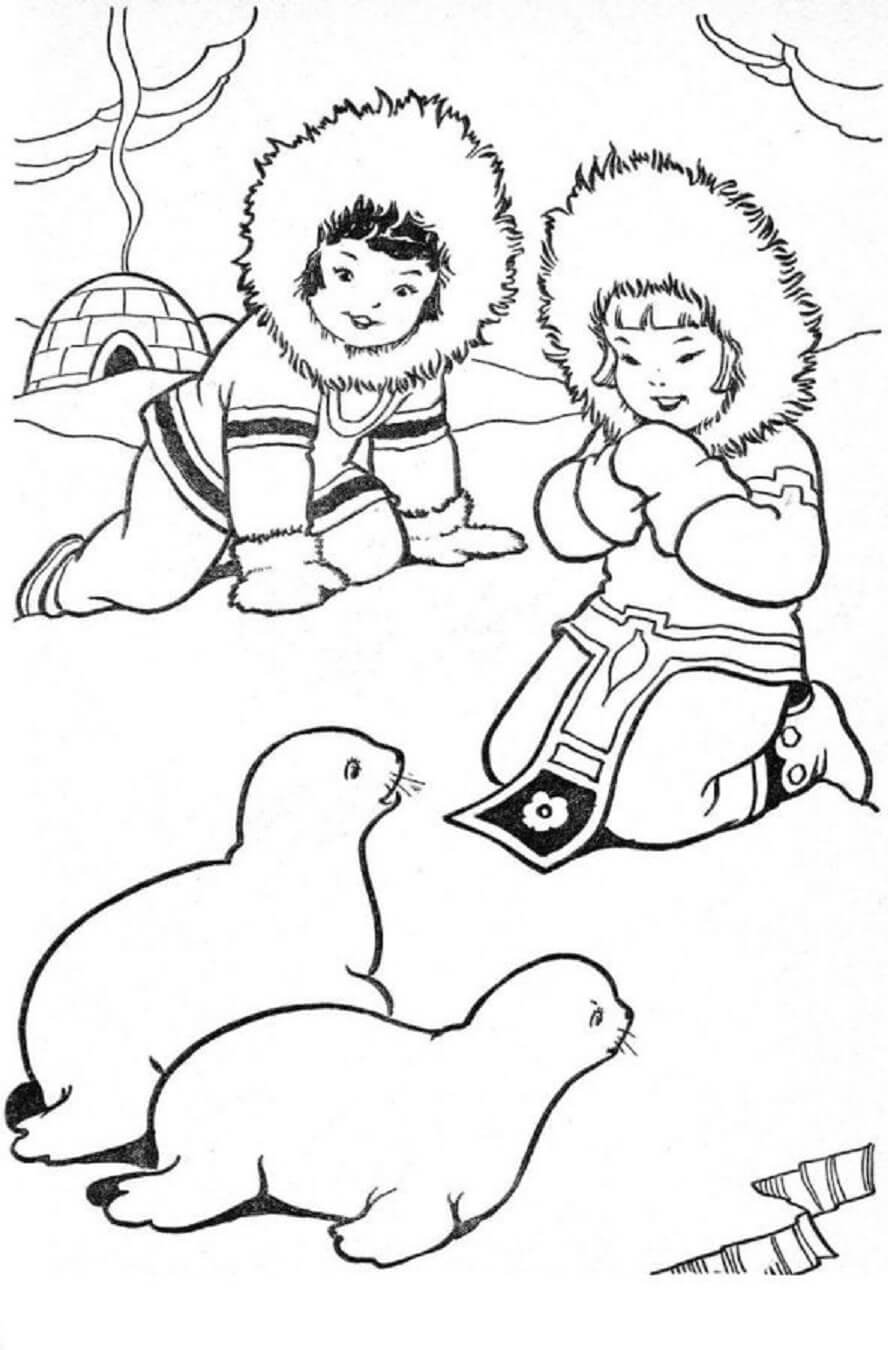 Esquimó E Duas Lontras para colorir