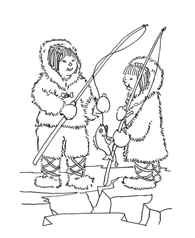Homem Esquimó Vai Pescar No Pólo Norte para colorir