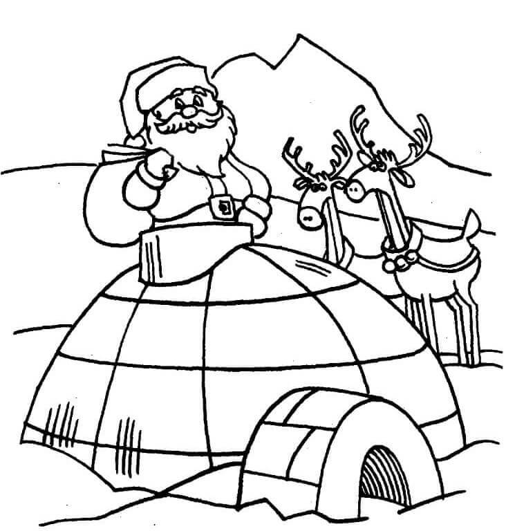 Desenhos de Papai Noel E Duas Renas Com Iglu para colorir