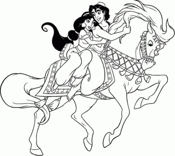 Desenhos de Aladdin e Jasmine No Cavalo Branco para colorir