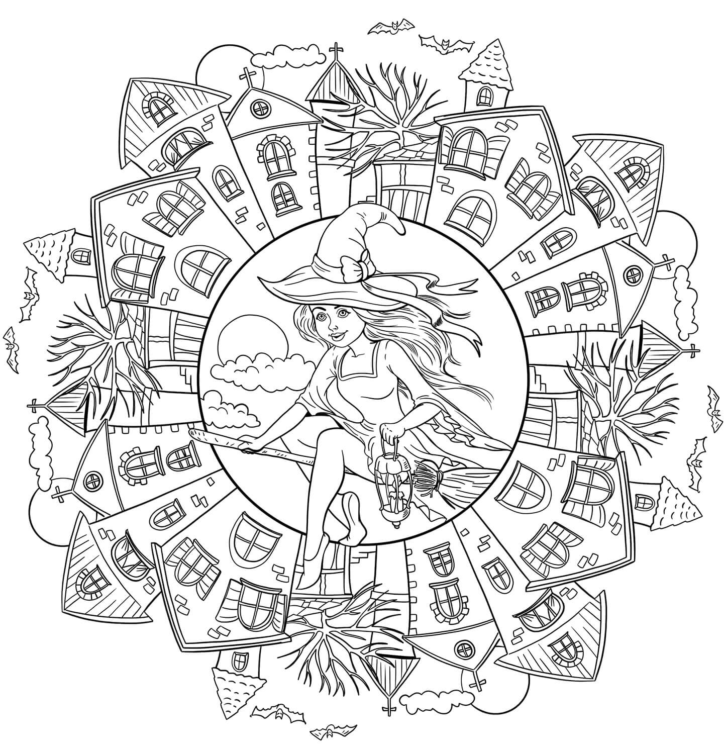Desenhos de Bruxa Na Vila No Dia Das Bruxas Mandala para colorir