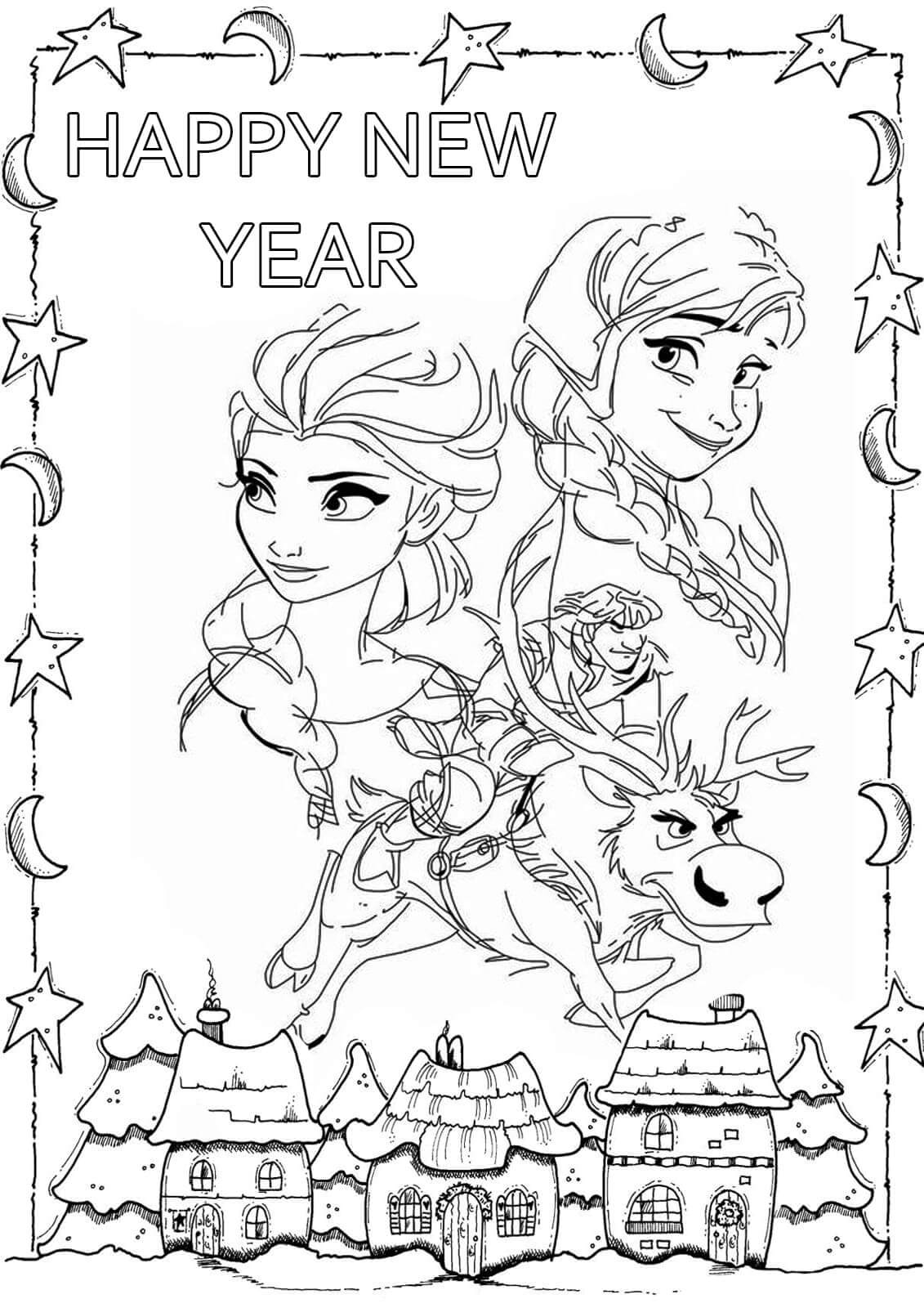 Elsa e Seus Amigos Em Feliz Ano Novo para colorir