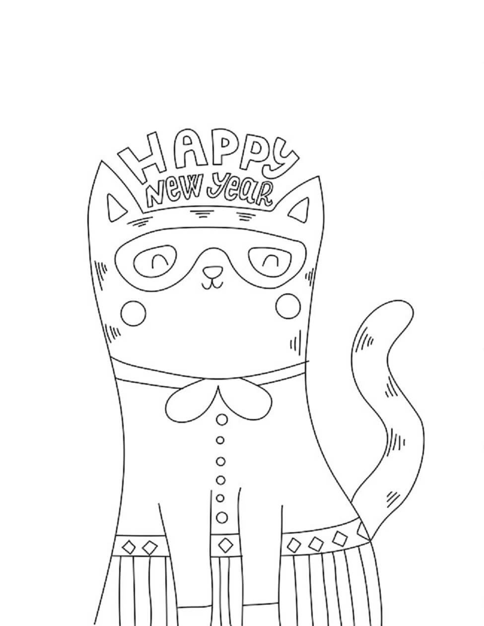 Desenhos de Feliz Ano Novo Gato para colorir