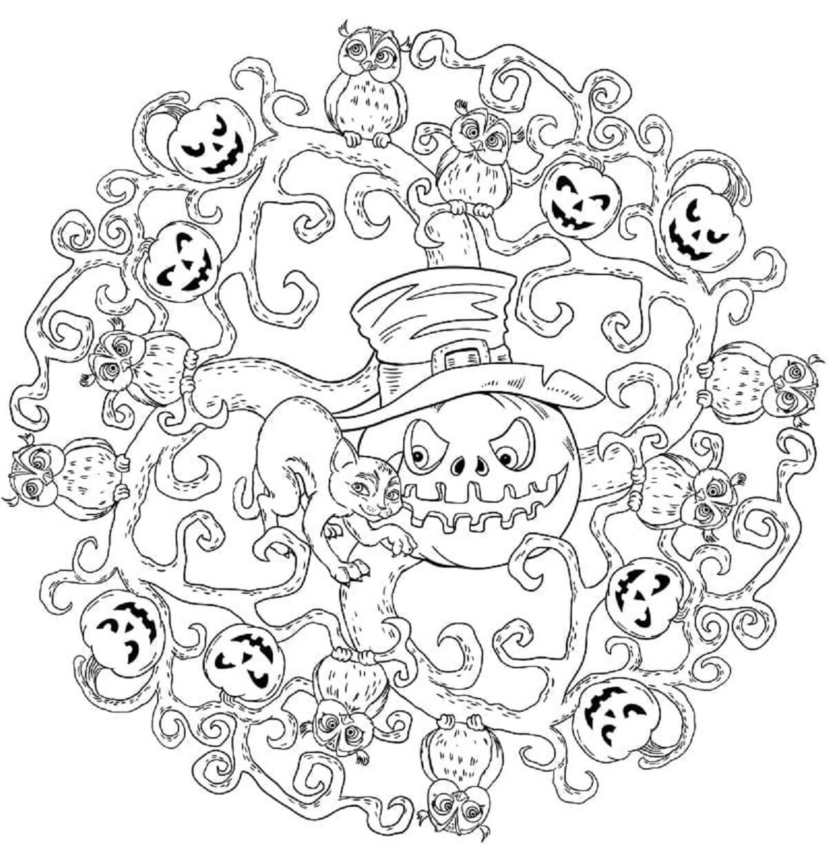 Desenhos de Halloween Com Mandala de Abóboras para colorir