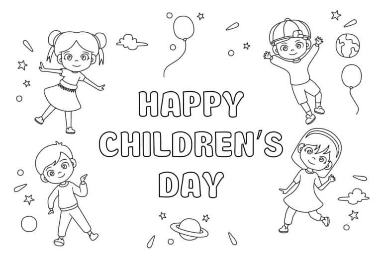Desenhos de Quatro Crianças Felizes No Dia Das Crianças para colorir