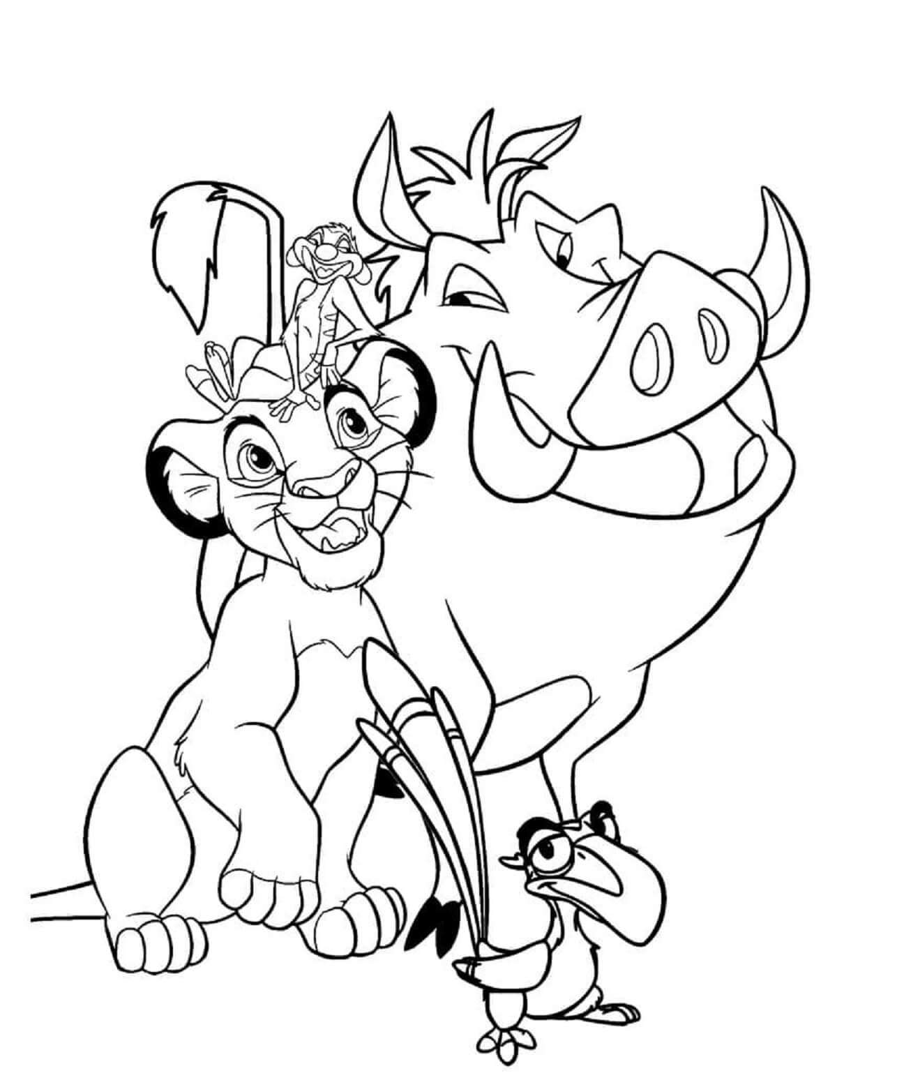 Desenhos de Simba, Timon, Pumba e Zazu para colorir