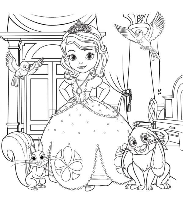Desenhos de Sofia Com Esquilo, Pássaros e Coelhinho para colorir