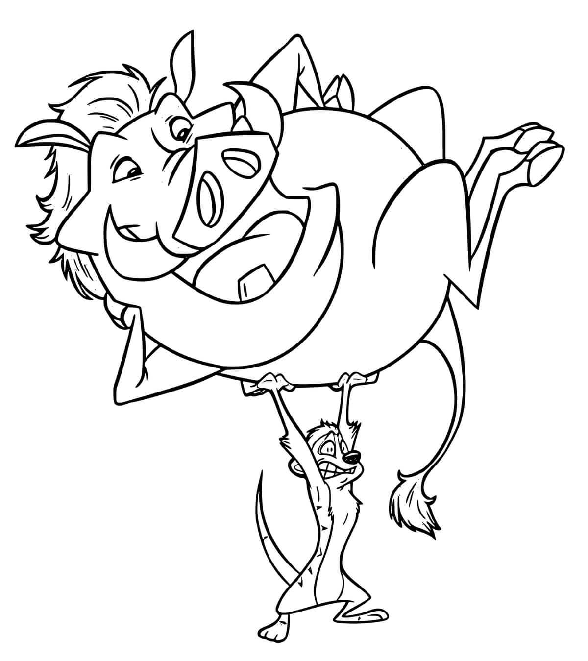 Desenhos de Timão Forte Segurando Pumba para colorir