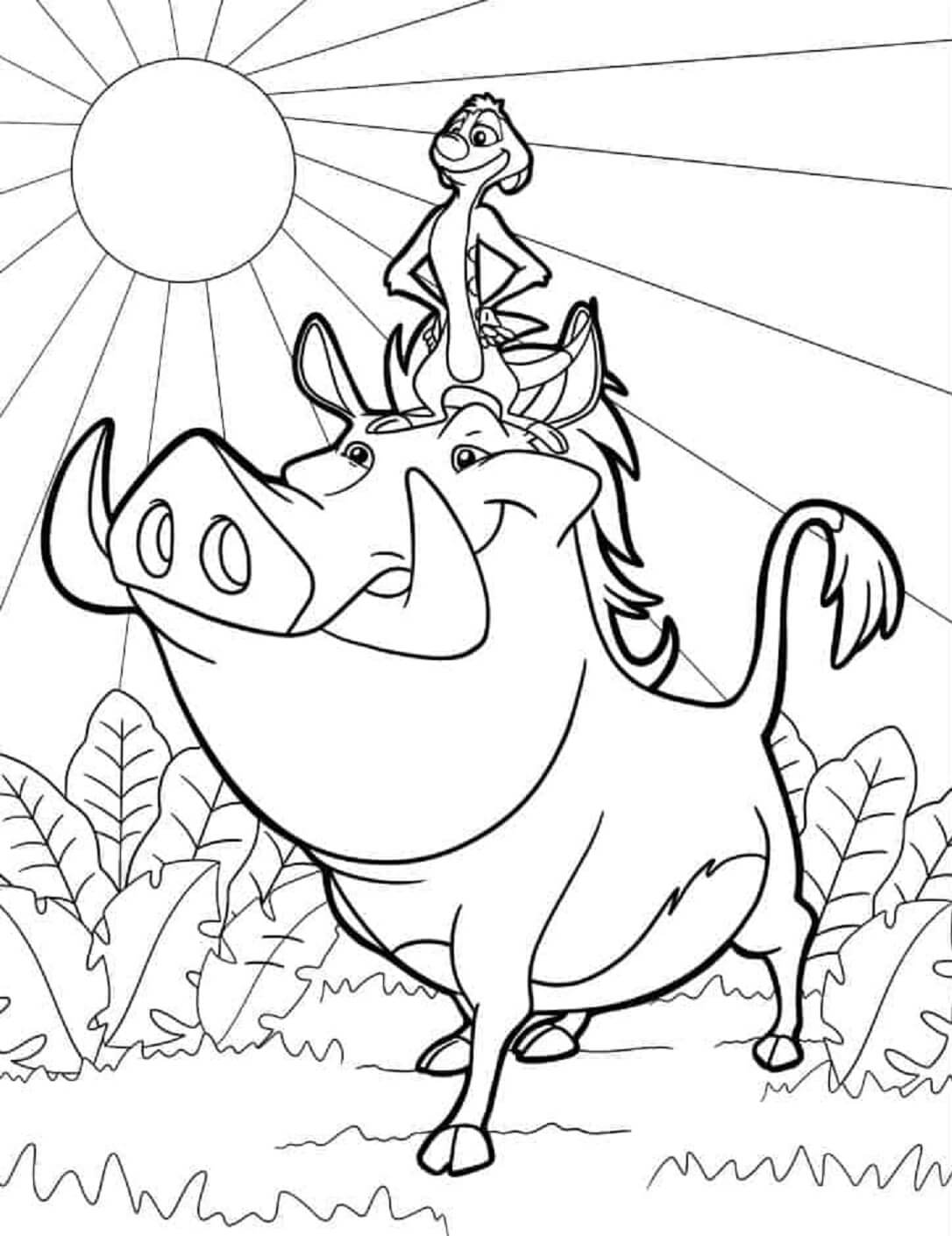 Desenhos de Timon Em Pé Na Cabeça De Pumba para colorir