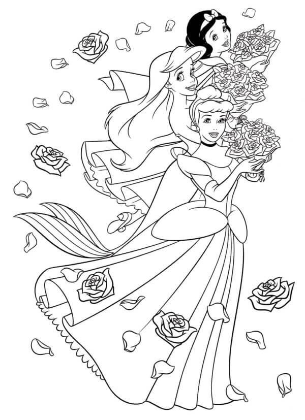 Desenhos de Três Princesas Da Disney Com Buquês De Rosas para colorir