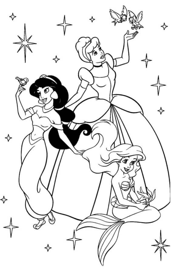 Desenhos de Três Princesas Da Disney Com Pássaros E Estrelas para colorir