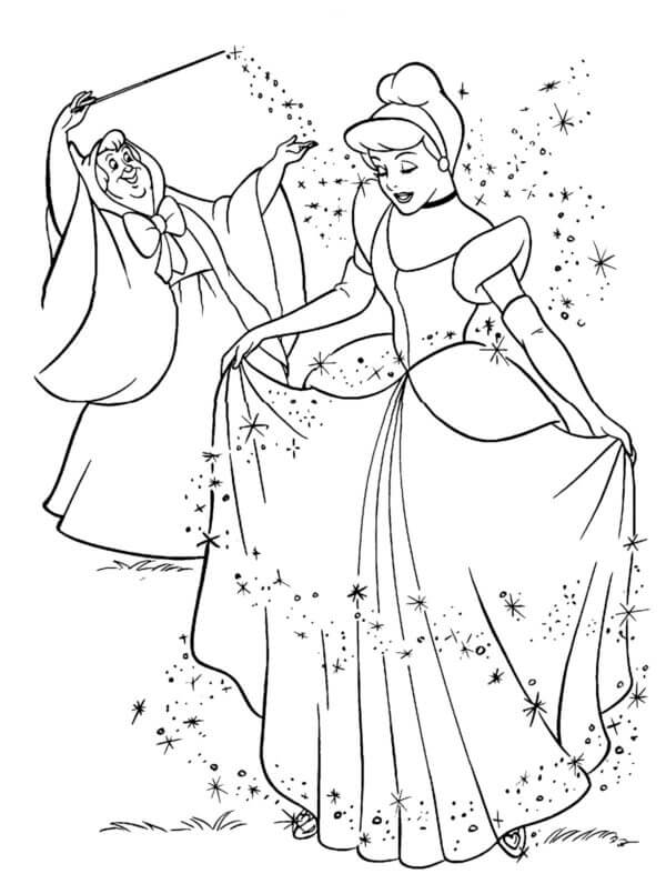 Desenhos de Uma Fada Com A Ajuda Da Magia Pode Conjurar Os Mais Belos Vestidos Para A Cinderela para colorir