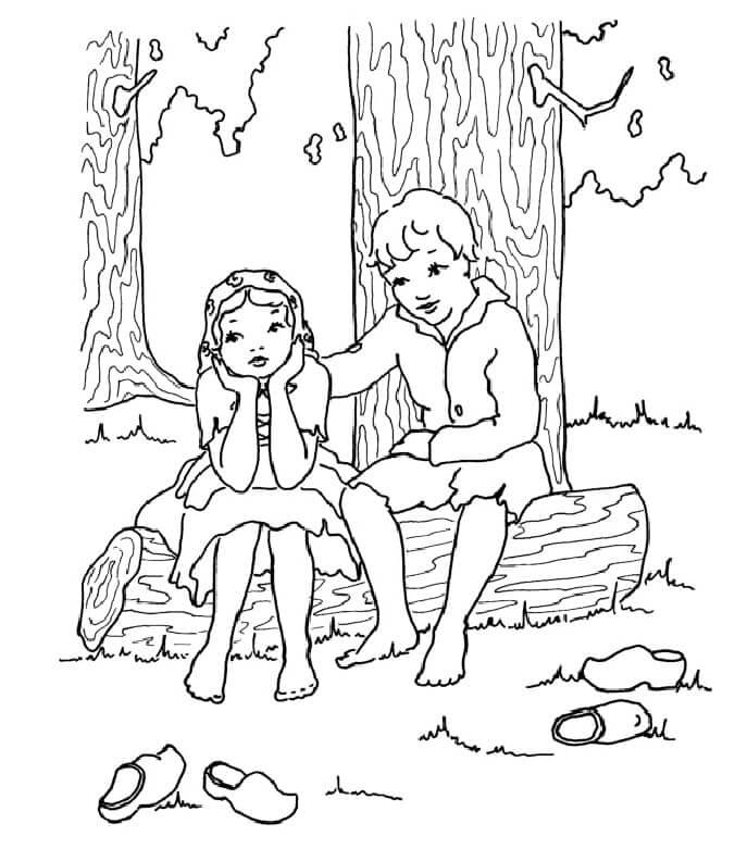 Desenhos de Crianças Estão Sentadas Em Uma Árvore No Meio Da Floresta para colorir