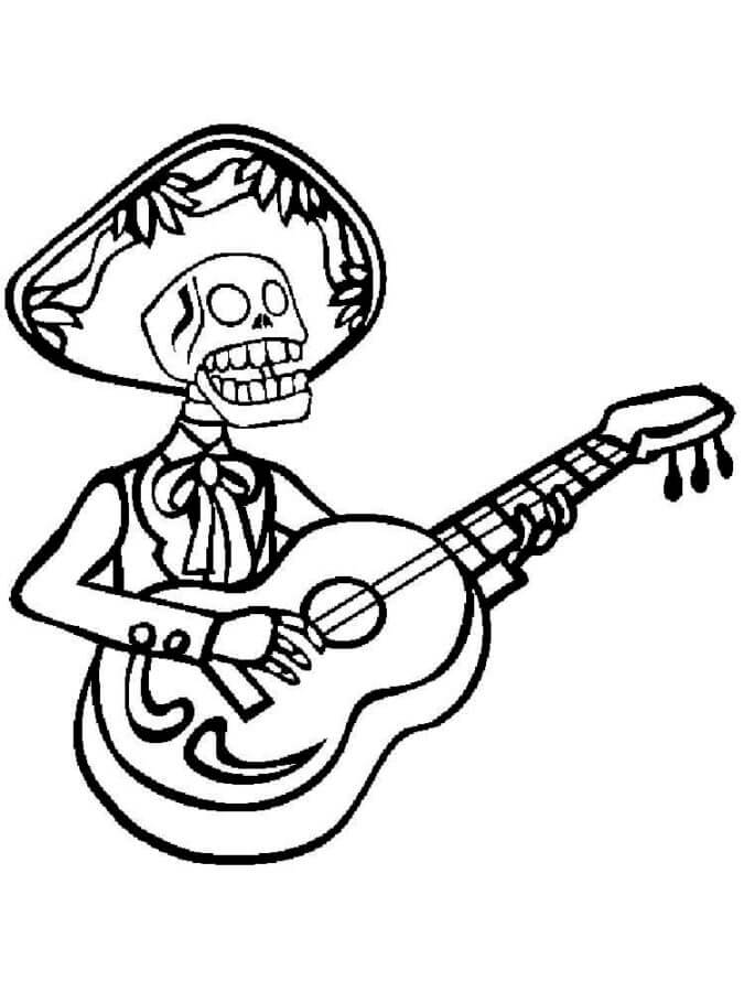 Desenhos de Esqueleto Cantando Tocando Guitarra para colorir