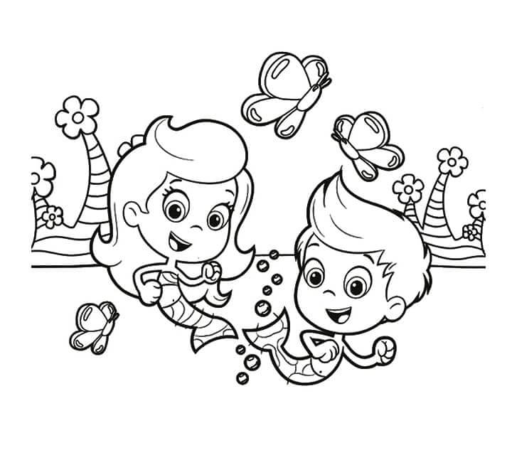 Desenhos de Guppy Menino E Menina Brincam Com Borboletas para colorir