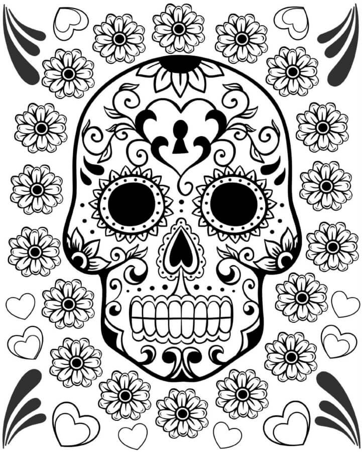 Desenhos de Incrível Crânio Com Flores No Dia Dos Mortos para colorir