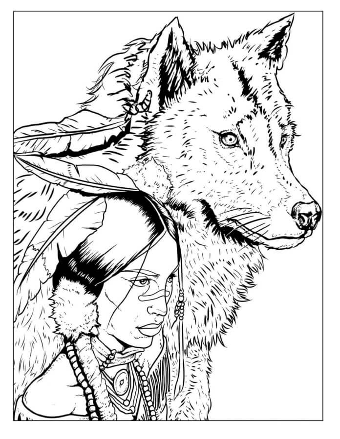 Desenhos de Menina Indiana Com Um Lobo para colorir