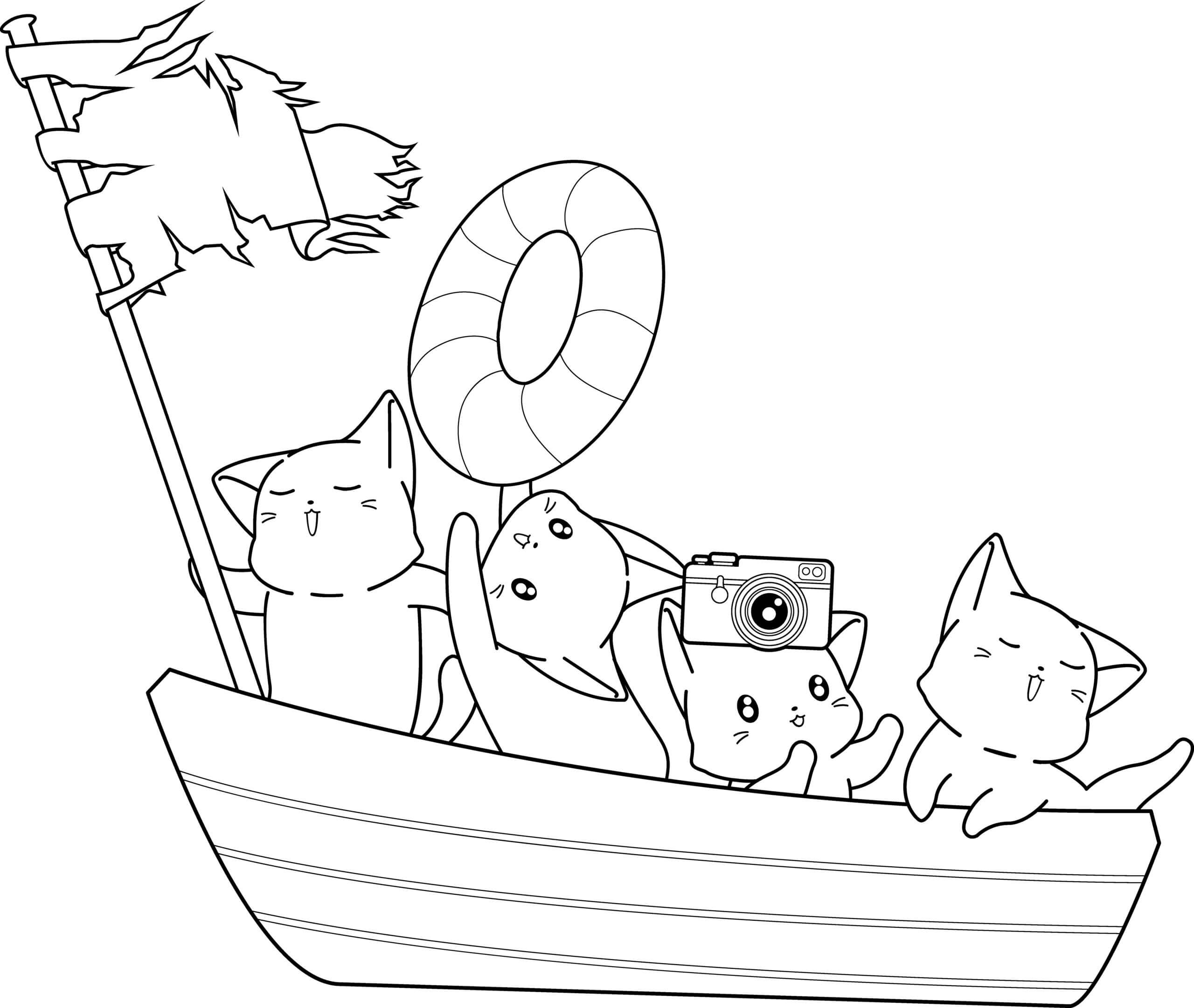 Quatro Gatos No Barco De Gato para colorir