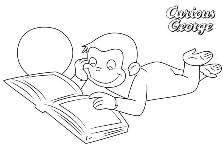 Desenhos de Smiles Curious George Lendo Livro para colorir