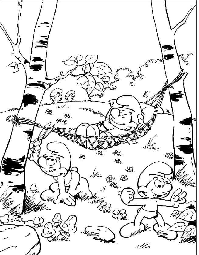 Desenhos de Smurfs Na Floresta De Bétulas para colorir