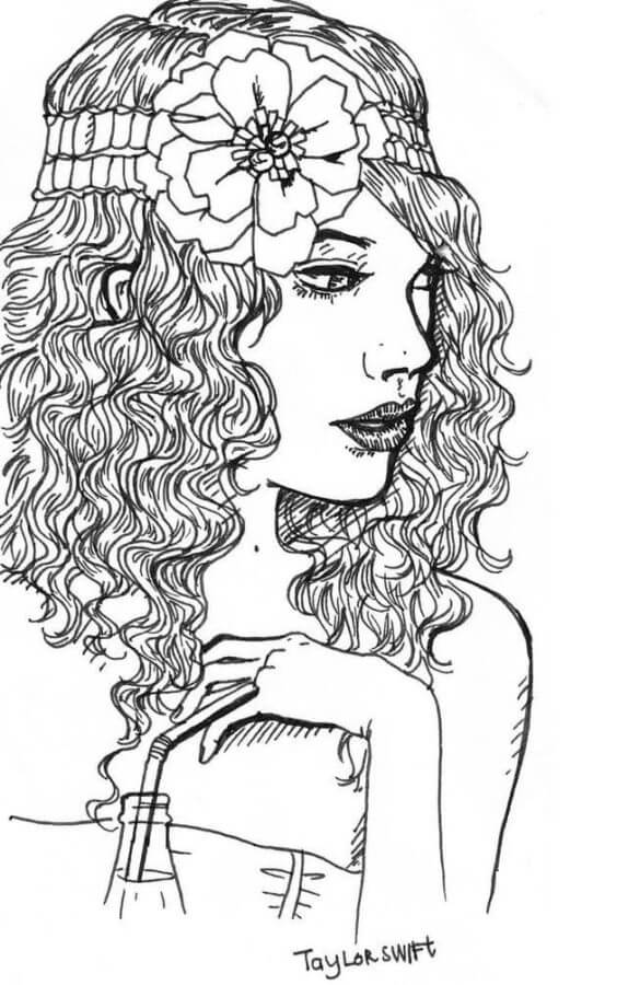 Desenhos de Taylor Swift Com Uma Linda Flor No Cabelo para colorir