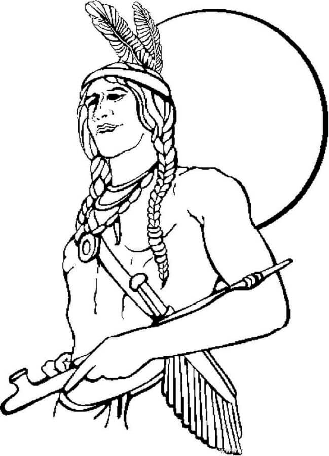 Um Índio Com Um Cachimbo Da Paz Nas Mãos para colorir