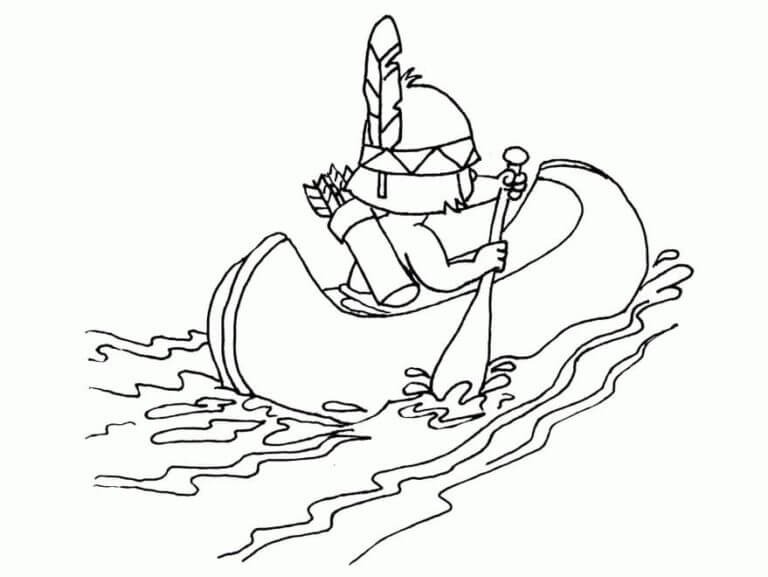 Desenhos de Um Jovem Caçador Indiano Está Remando Em Uma Canoa para colorir