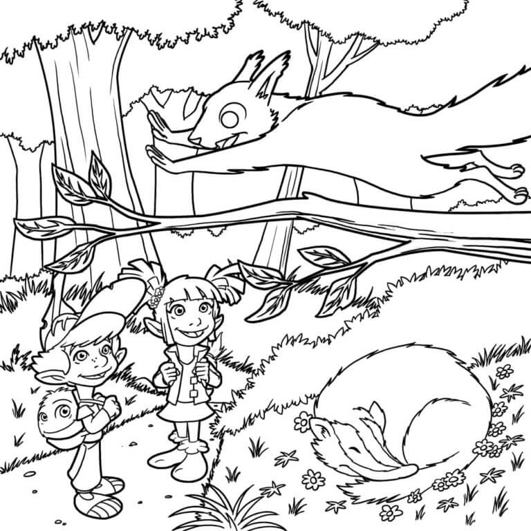 Um Menino e Uma Menina Estão Andando Na Floresta para colorir