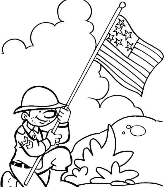 Um Soldado Carregando A Bandeira Dos EUA para colorir