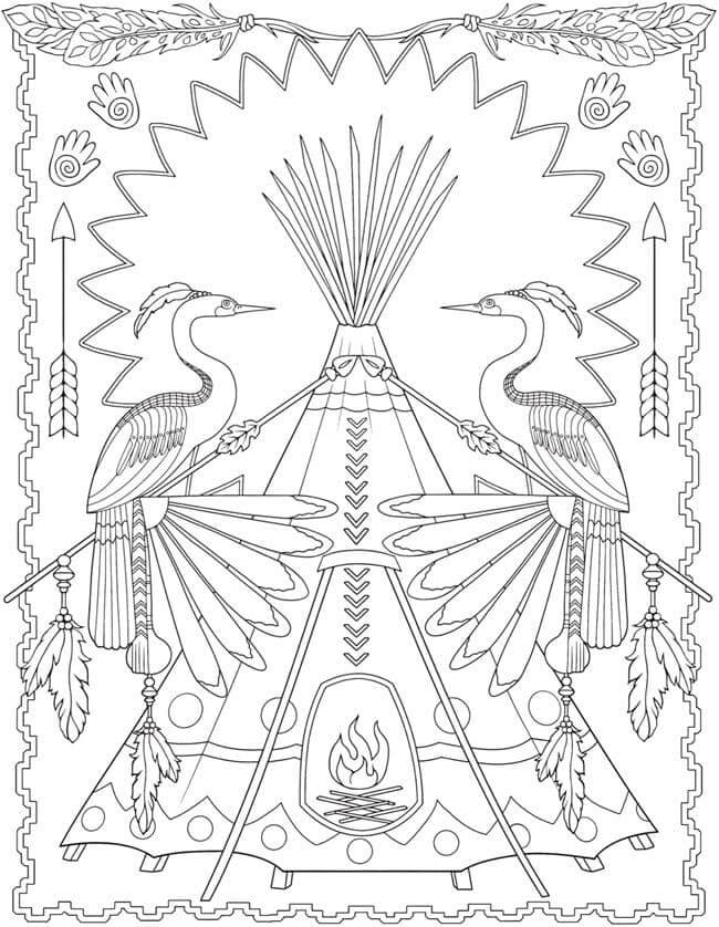 Desenhos de Wigwam E Cegonhas Com Lanças para colorir