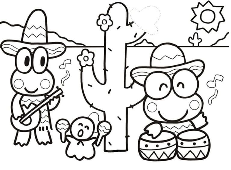 Desenhos de Keroppi Com Amigos Tocando Bateria No Deserto para colorir