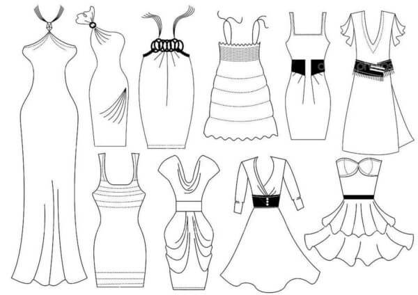 Desenhos de Vestidos Diferentes para colorir