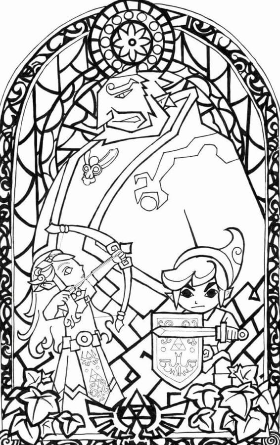 Desenhos de Vitral Zelda Com Arco e Elo Com Espada para colorir