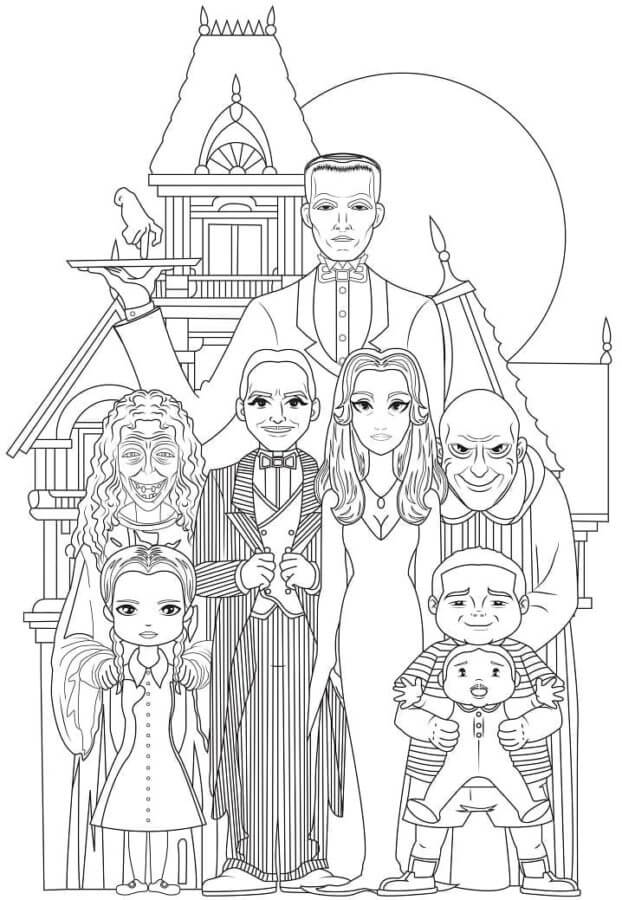 Desenhos de A Família Addams Na Frente Da Casa para colorir