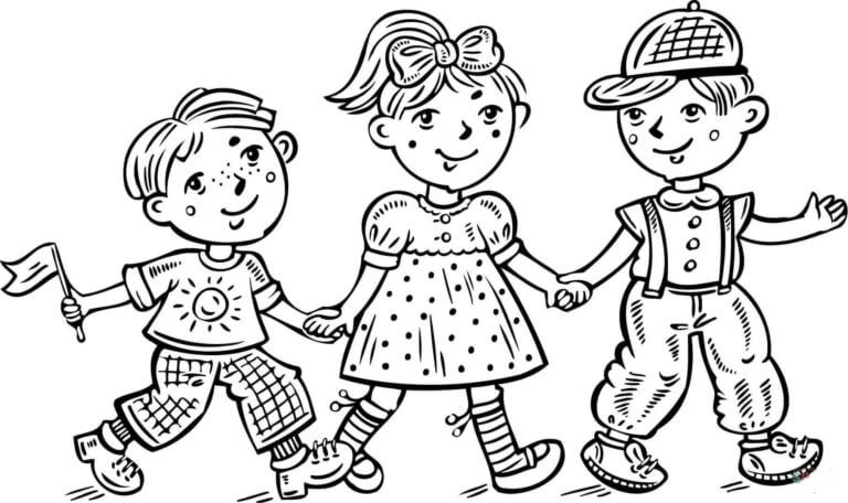 Caminhada da Amizade de Três Crianças para colorir